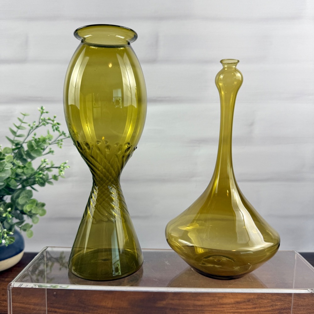 Lauscha German Hand Blown Olive Green Art Glass Vases Mid Century MCM